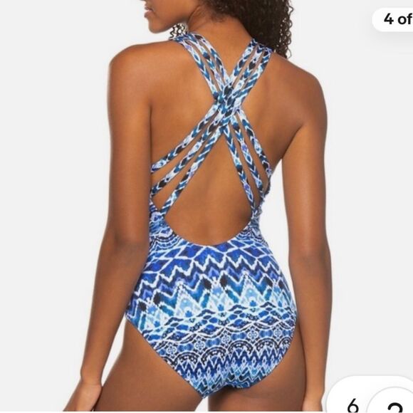 New La Blanca Oasis Ikat Multi Strap One Piece Swimsuit in Blue - Picture 2 of 8